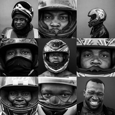 A collage of portraits of food delivery riders working in Johannesburg. From top left: Ivan, Justin, Oliver, Pardon, Nhlanhla, Prince, Paul, Thembeka and Thembeka.