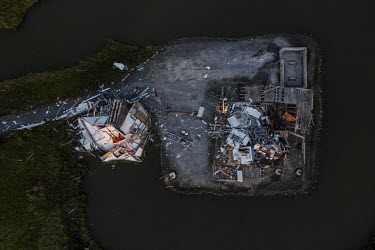 House completely destroyed after the passage of Hurricane Ida in Grand Isle, a city located on the coast of Louisiana. The city was severely impacted by the passage of Hurricane Ida in August 2021.