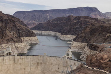 Hoover Dam, located between the states of Nevada and Arizona on the Colorado River. Lake Mead is the largest artificial reservoir in the United States and is at its lowest ever level.