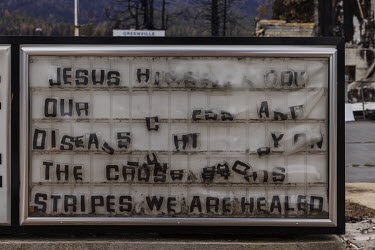 Board of a church partially melted by fire in the historic northern California town of Greenville, which was destroyed by a wildfire. The town was devastated by the flames of the Dixie Fire, the large...