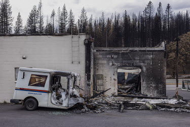 Post office building in the historic city of Greenville, Northern California, that was destroyed by forest fires in 2021. The town was devastated by the flames of the Dixie Fire, the largest forest fi...