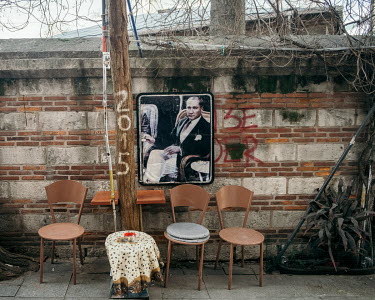 A portrait of Mustafa Kemal Ataturk hanging on a mosque wall in Kadikoy.