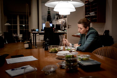 Danish Prime Mette Frederiksen eats a late dinner after a very long day which included a European Council meeting with all the EU leaders and a press conference, mostly about travel directions and avo...