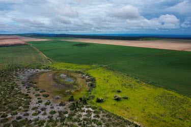 Aerial view of one of the lagoons that form the headwaters of the Paraguay river. The area is part of an Environmental Protection Area. It is surrounded by intensive agriculture.