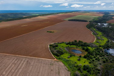 Aerial view of one of the lagoons that form the headwaters of the Paraguay river. The area is part of an Environmental Protection Area. It is surrounded by intensive agriculture.
