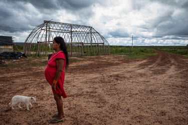 An indigenous woman stands in front of a partially constructed hati, a traditional house of the Haliti Paresi people, in a village in Figueiras Indigenous Land. A few kilometers from the reserve hydro...