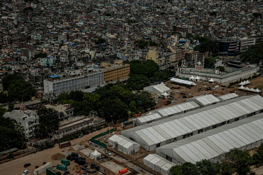 An aerial view of a 500 bed facililty being constructed for COVID-19 patients at Ramlila ground.