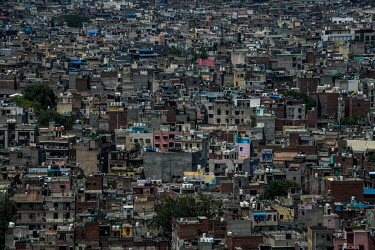 An aerial view over the cramped housing in a district of Dehli.
