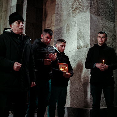 Christians pray inside the Agoglan Monastery, a Christian place of worship in an area currently under Azeri control since being retaken during the 2020 Nagorno-Karabakh war. The area is close to the f...