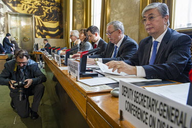Kassym Jomart Tokayev (right) in a meeting of the Conference on Disarmament, at the Palais des Nations, when he was Director General of the United Nations in Geneva. He was also Secretary General of t...