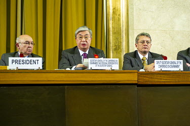 Kassym Jomart Tokayev (centre) in a meeting of the Conference on Disarmament, at the Palais des Nations, when he was Director General of the United Nations in Geneva. He was also Secretary General of...