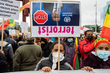Demonstration in support of the Ethiopian government, on the Place des Nations outside the United Nations in Geneva, with a banner calling the head of the World Health Organisation, Dr Tedros Adhanom...