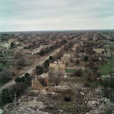 An overview of the destroyed town of Agdam. It was home to around 28,000 residents until July 1993 when Armenian forces took control of the town, and the population mostly fled to Baku and other citie...