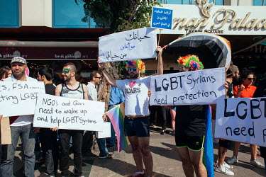LGBT Syrians during the Istanbul Pride parade in 2015. The Pride was cancelled minutes before it was due to begin and marchers were faced with tear gas, water canon and plastic bullets.