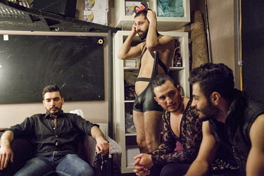 Omar (one from right) in the dressing room during the Mr Gay Syria contest, held in Istanbul in February 2016. Omar finished third place.