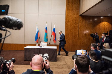 In a basement of the Hotel President Wilson, Russian foreign minister Sergei Lavrov arrives for a press conference. Talks had taken place at the hotel between American and Russian foreign ministers in...