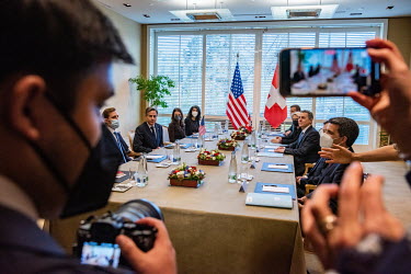 Swiss President Ignazio Cassis (also foreign minister) in a meeting with US Secretary of State Antony Blinken (L) for a bilateral meeting after talks took place between American and Russian foreign mi...