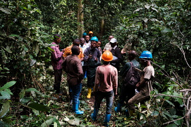 Donatien Musepena (centre), an INERA researcher, with participants in a wood biology workshop in the forest at the Yangambi research station. Participants were predominantly traders, harvesters or use...