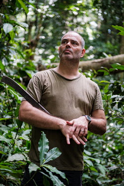 Dr Nils Bourland, one of the leaders of a wood biology workshop in the forest for traders, harvesters or users of artisanal logging products, and sought to provide them with the basics of wood biology...