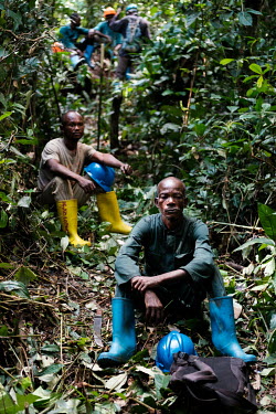 Workers taking a break while cutting a transect line through the forest as part of a FORETS project initiative at the Yangambi research station.
