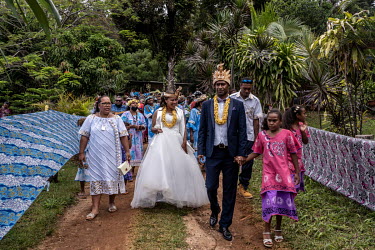 Jacques Atti (42), from the Touaourou Tribe, and Sabrina Manique (42), from Lifou Island, after signing their marriage papers during their 'Kanak' clan wedding in Goro. Both used to work at Prony Reso...