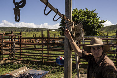 Emmanuelle Pain Durand, a cattle ranch owner and settler, prepares to disinfect 120 head of cattle on her neighbour's 180ha farm.   The neighbour, Nadia Baronnet's, great grandfather, Andre Baronnet,...