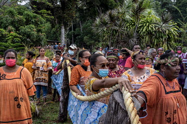 'Kanak' people watch a tribal dance at the traditional 'Kanak' wedding of Jacques Atti (42), from the Touaourou Tribe, and Sabrina Manique (42), from Lifou Island, at their clan wedding in Goro. Both...