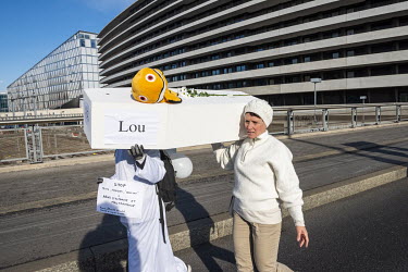 Demonstration against Covid 19 vaccination and masks for children. The cortege carried white coffins with childrens' names and 'brought to you by Pfizer' emblazoned on them evoking children killed by...