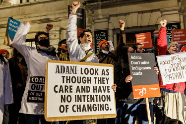 Activists outside the Science Museum in South Kensington, protest against funding of the museum by coal giant Adani. Survival International, Culture Unstained, XR Scientists and others took part. The...