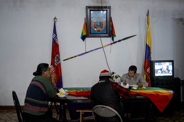 Participants in the 'National March for Democracy' eat dinner at the Pachakutik party's headquarters in Quito. The march left Loja (in the south of the country) on 17 February 2021 and arrived in the...