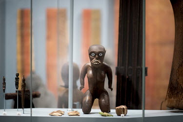 Masks and wooden figures Ki'i der Goettin Kihawahine in the Oceania Collections department on display during a press preview prior to the opening of the Ethnological Museum and Museum for Asian Art in...