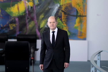 Olaf Scholz, German Chancellor SPD, after a statement to media before a government cabinet meeting and conference at the Chancellery Office in Berlin, Germany.