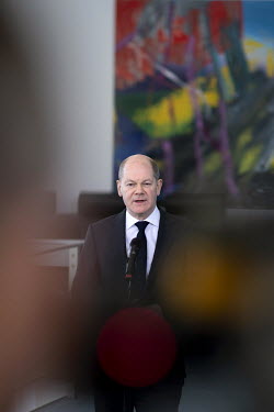 Olaf Scholz, German Chancellor SPD, after a statement to media before a government cabinet meeting and conference at the Chancellery Office in Berlin, Germany.
