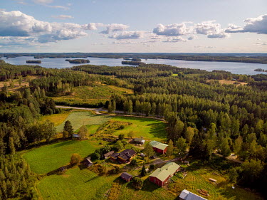 An aerial view of forest and lakes.