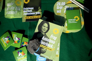 A photo of Annalena Baerbock, chancellor candidate and co-head Federal Chairwoman of the Green party Buendnis 90 Die Gruenen, on a campaign stall.