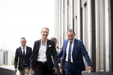 Alice Weidel, leader of the right-wing Alternative fuer Deutschland (AfD), Alternative for Germany, and party co-chair Tino Chrupalla arrive for press conference the day after the federal elections.