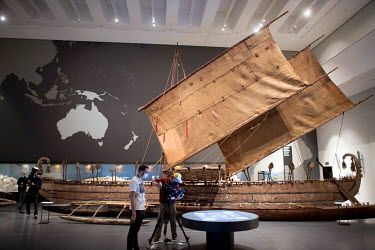 A large outrigger sailing boat from the island of Luf, Papua New Guinea, dating from 1895, and an outrigger boat from the Santa Cruz Islands, Solomon Islands, on display during a press preview prior t...
