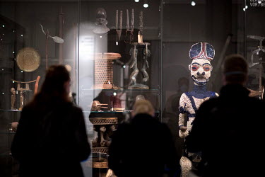 Masks and wooden figures from Cameroon and Congo on display during a press preview prior to the opening of the Ethnological Museum and Museum for Asian Art in the west wing of the Humboldt Forum. The...