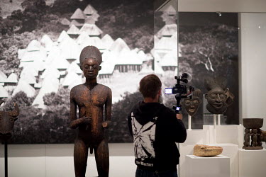 Masks and wooden figures from Cameroon on display during a press preview prior to the opening of the Ethnological Museum and Museum for Asian Art in the west wing of the Humboldt Forum. The opening of...