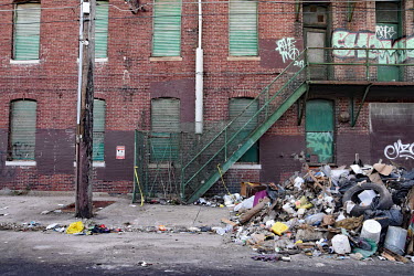 Rubbish piled up outside a derelict building in North Philadelphia, between Huntingdon and Allegheny on the elevated Market-Frankford subway. This is the epicentre of the city's opioid (fentanyl) drug...