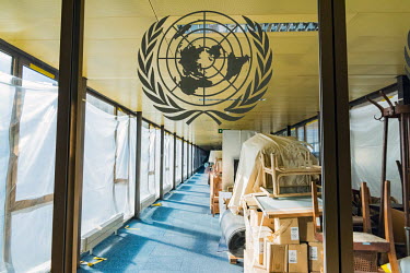 UN walkway being used as a storage area for furniture during the USD 800 million renovation and construction project at the Palais des Nations, the United Nations Office at Geneva (UNOG),