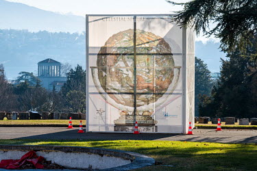 Lifesize Image of the Celestial Sphere left close to the site of the elaborate bronze original (in foreground at left) while it is being restored in Italy during the USD 800 million renovation and con...
