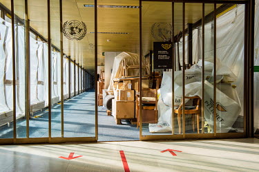 UN walkway being used as a storage area for furniture during the USD 800 million renovation and construction project at the Palais des Nations, the United Nations Office at Geneva (UNOG),
