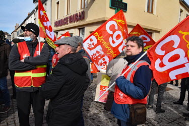 Trade unionists at a counter demonstration during a rally for far right presidential candidate Eric Zemmour.