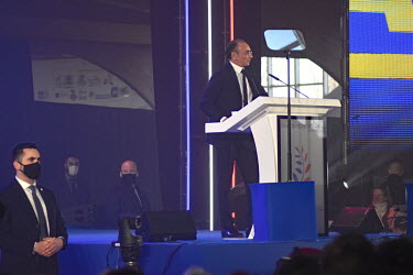 Far right presidential candidate Eric Zemmour flanked by security guards as he speaks at a rally in Burgundy. The rally was attended by 3500 people.