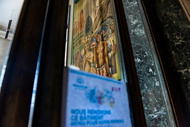 A tapestry, a gift from Belgium, hanging in a corridor which was formerly the access point used by the press to the main UN press briefing room, now closed for renovations, as the sign on the door sta...