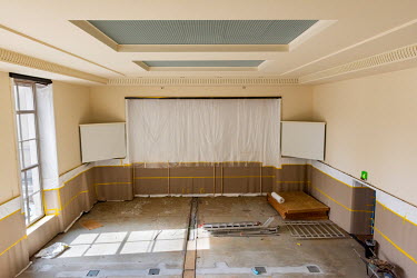 The UN Press briefing room, at the Palais des Nations, wrapped during renovations. Once the work is completed the press conferences and briefings will be held elsewhere.