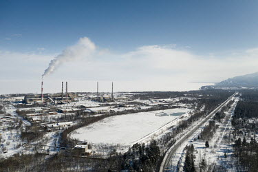 The Baikal Pulp and Paper Mill, built on the shore of Lake Baikal in 1966 and closed in 2013.   About seven million tons of industrial waste, lignin sludge and black liquor are still in storage ponds...