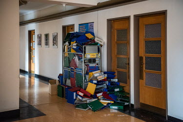 Discarded files in a corridor as offices are emptied prior to renovation as part of the USD 800 million renovation and construction project at the Palais des Nations, the United Nations Office at Gene...