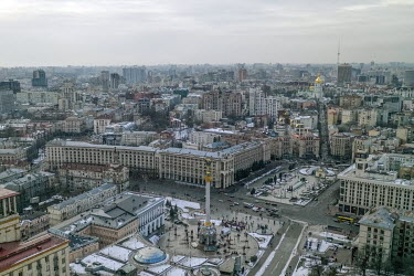 Aerial view of the Maidan Nezalezhnosti (Independence Square) and downtown Kyiv.